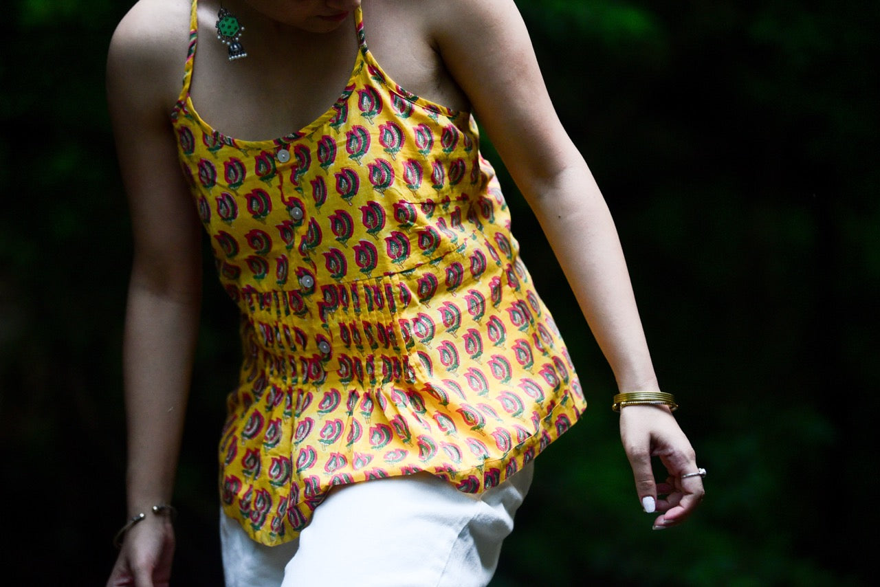 X-Back Spaghetti Top - Yellow Pink