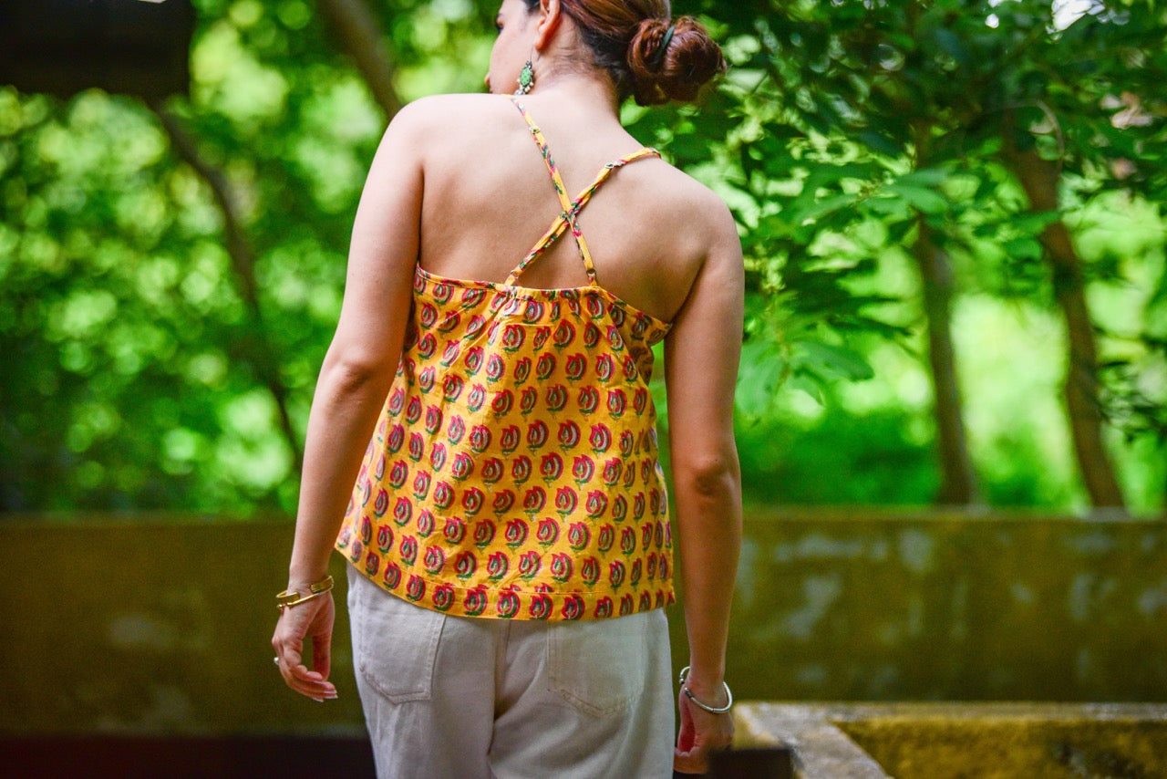 X-Back Spaghetti Top - Yellow Pink