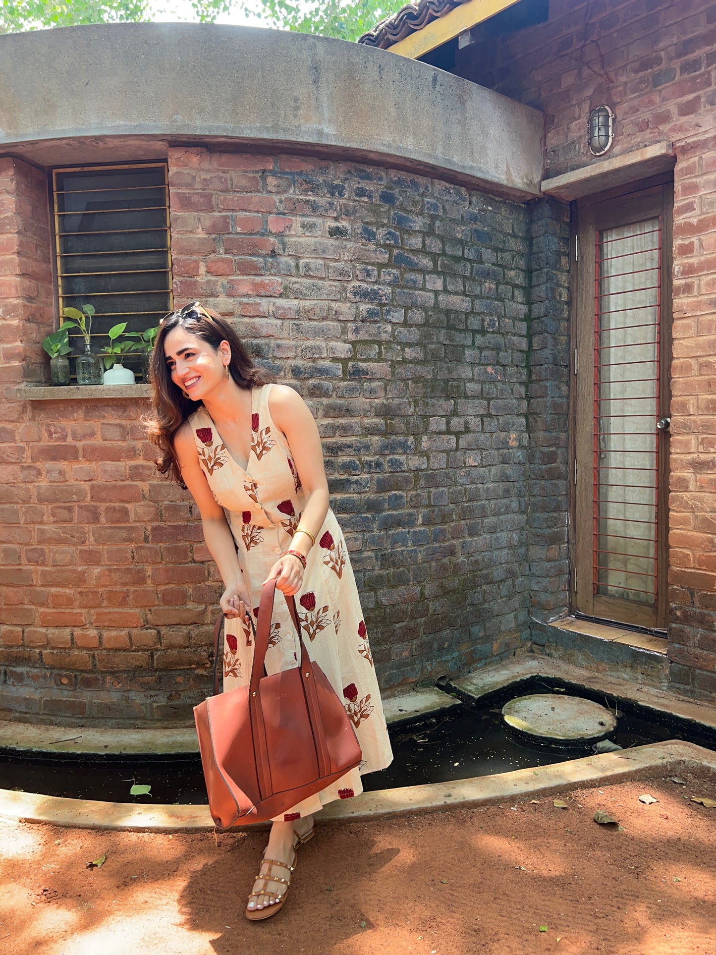 Button Down Dress - Beige Red