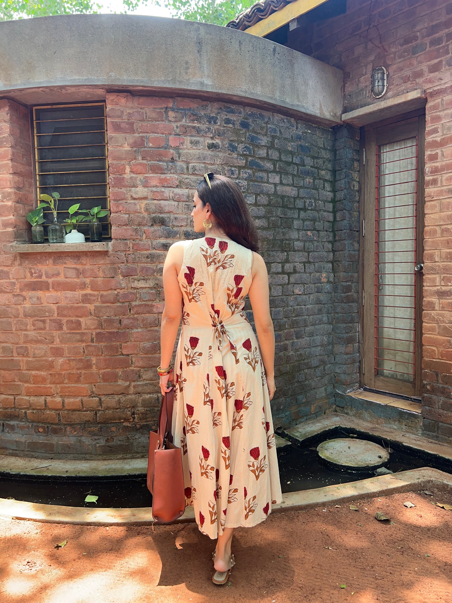 Button Down Dress - Beige Red