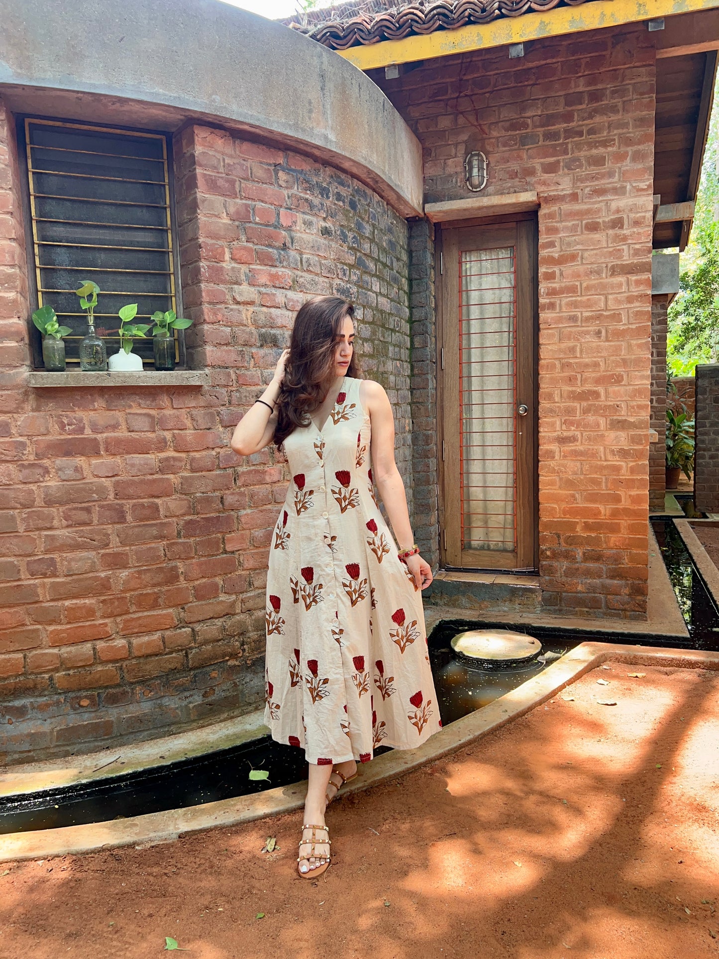 Button Down Dress - Beige Red