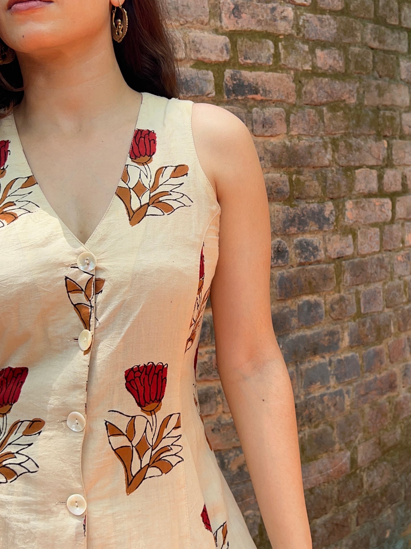 Button Down Dress - Beige Red