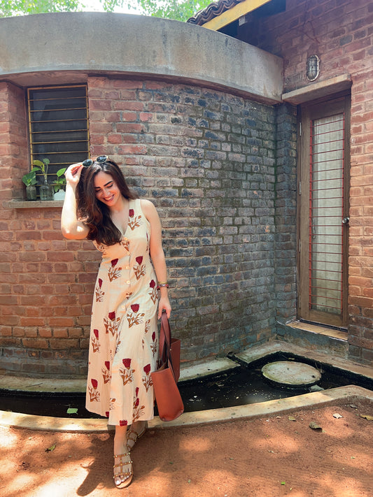 Button Down Dress - Beige Red