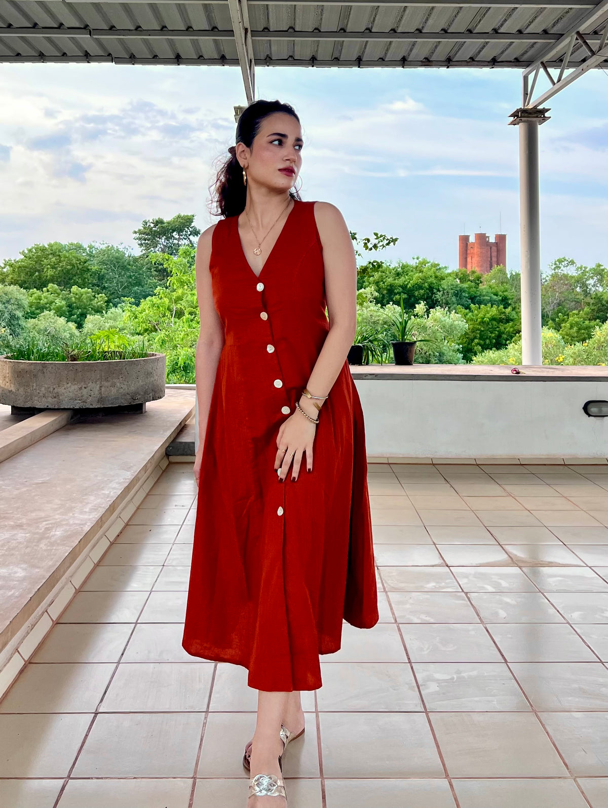 Button Down Dress - Rust