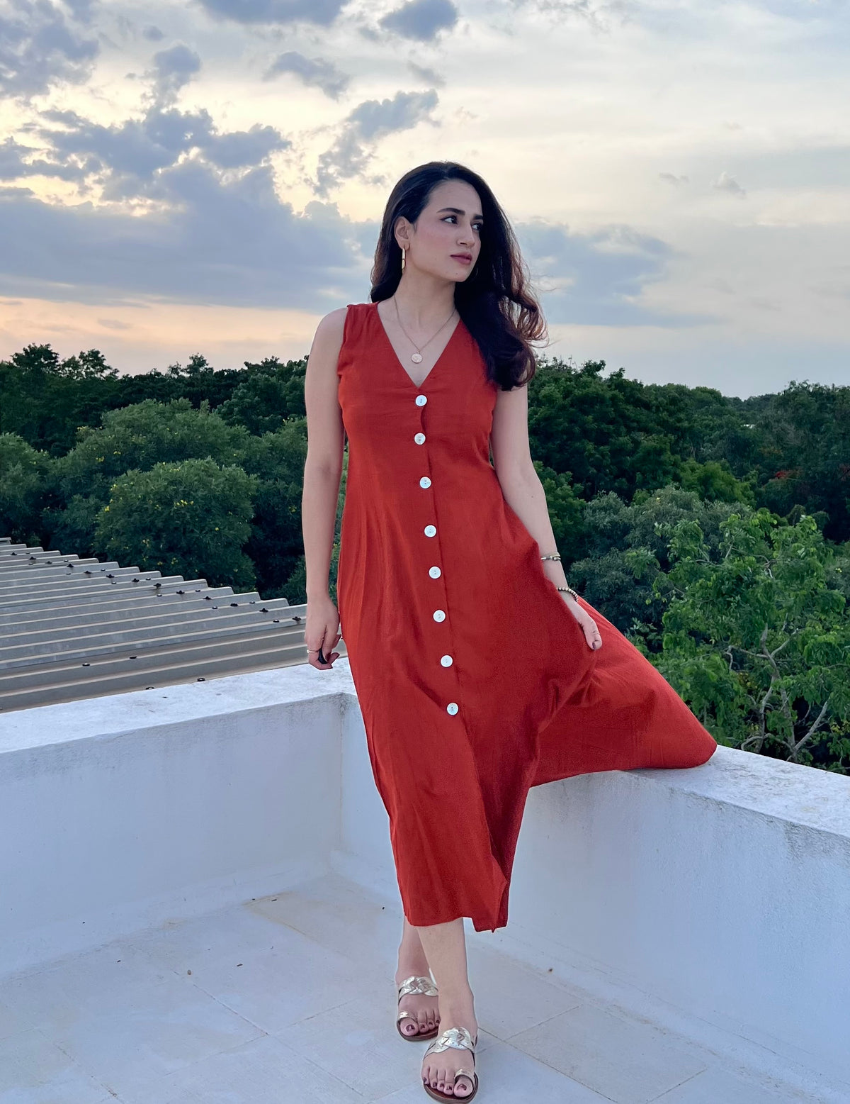 Button Down Dress - Rust