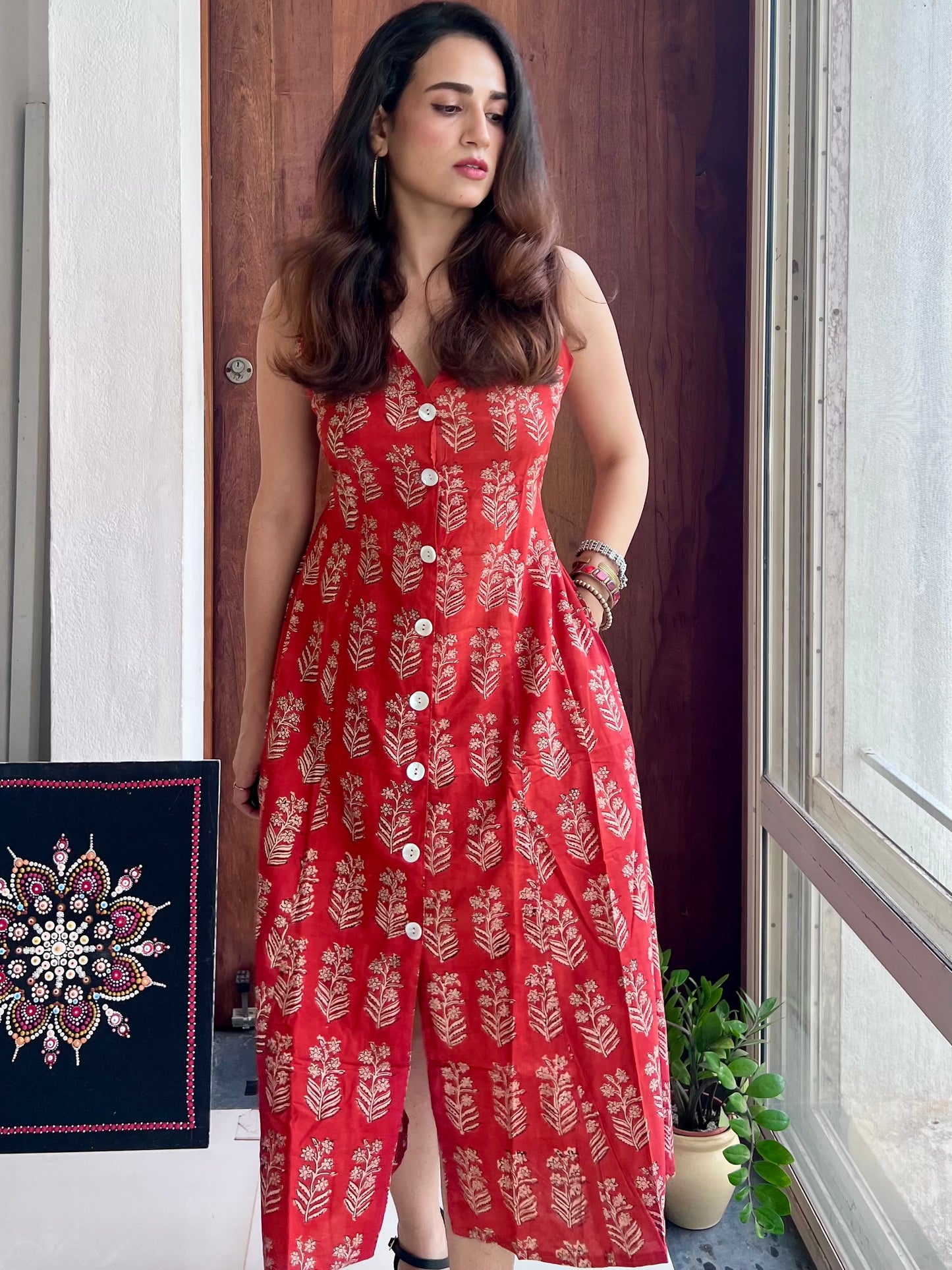 Button Down Dress - Coral Red