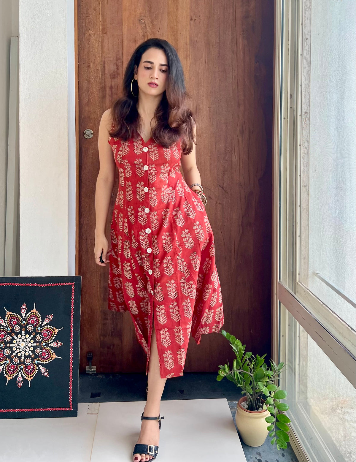 Button Down Dress - Coral Red