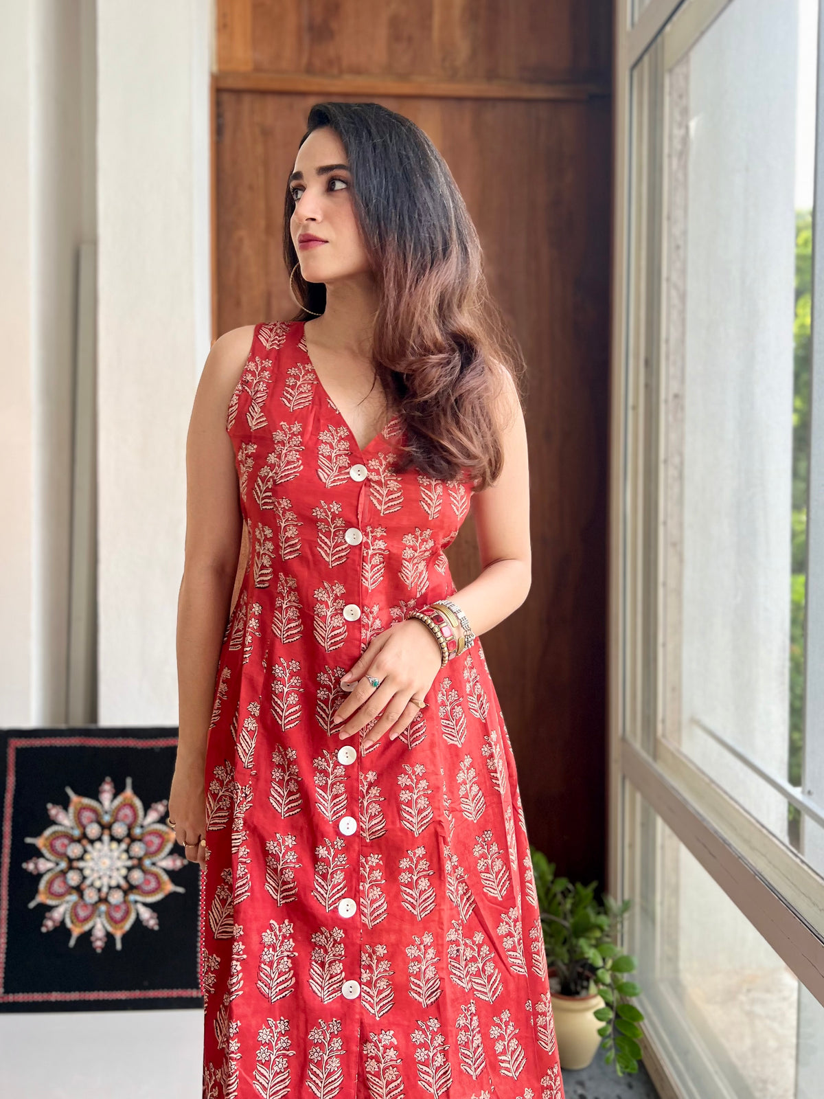 Button Down Dress - Coral Red